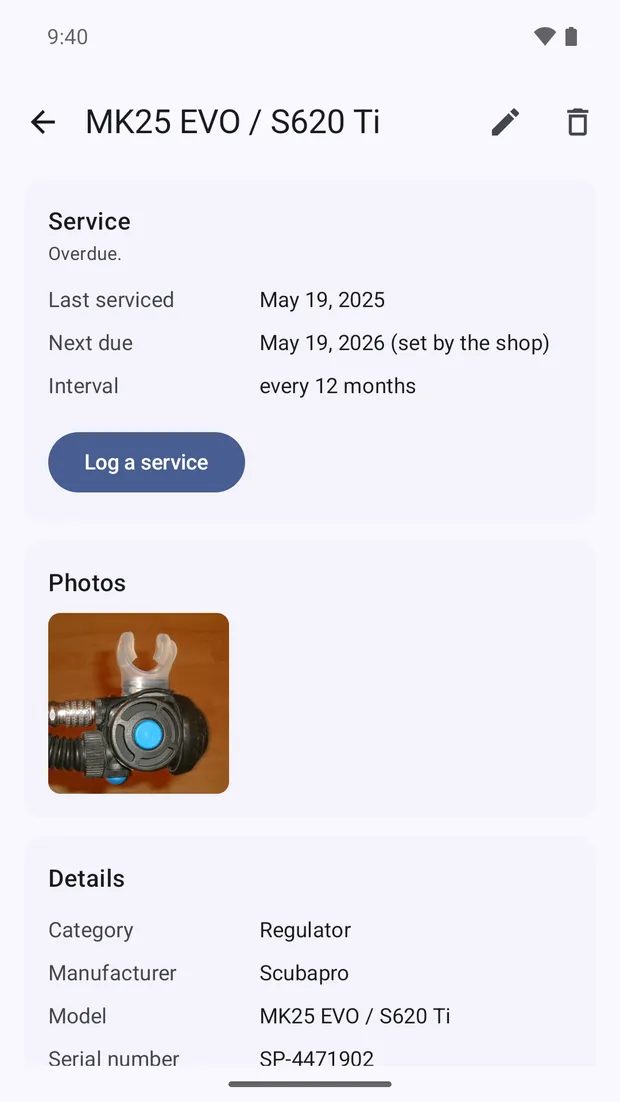 A regulator's page in Logbuoy, showing a photograph of the item above its service history with dates and costs.